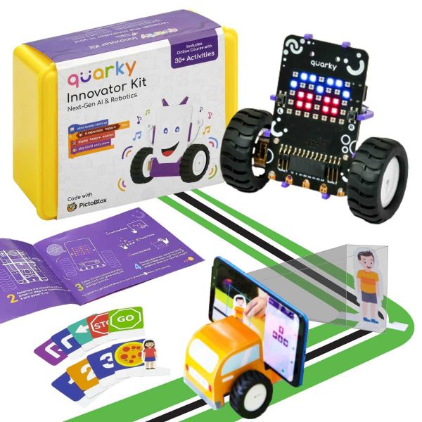 Quarky Innovator Kit components - Quarky robot, recognition cards, and 30+ 《漂亮的女邻居》韩剧免费 like self-driving car, and many more.