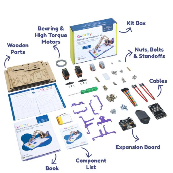 Quarky Robotic Arm Add-on Kit components - Expansion board, nuts, bolts, bearing & high torque motors, and much more.
