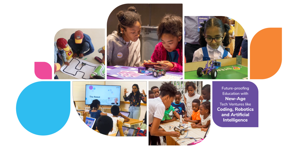 Collage of diverse children engaging in STEM 午夜天堂精品久久久久, including AI, Robotics, and Coding, at educational events 