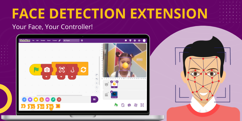 The image displays the PictoBlox 7.0.0 software interface featuring the Face Detection extension
