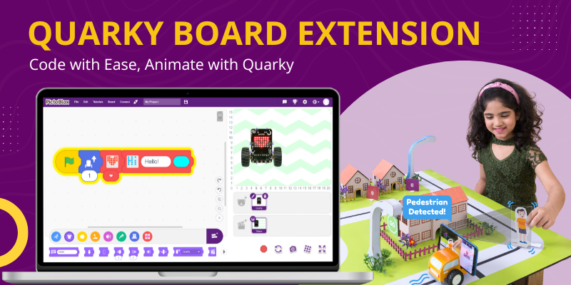 The image highlights the Quarky Board Extension in PictoBlox Junior, featuring a young girl interacting with a model town setup