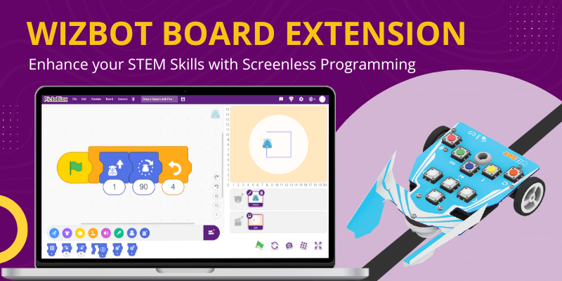 Wizbot Board Extension shows a laptop screen with blocks for controlling Wizbot, and a dynamic depiction of Wizbot equipped with various sensors and buttons