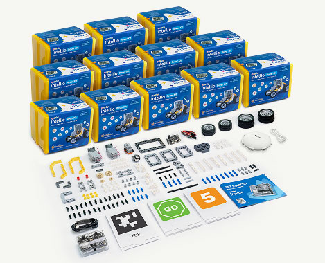 Quarky Intellio Classroom Pack showing twelve number of Intellio Rover kits, components, cards, guides and xfplay5566色资源网站
