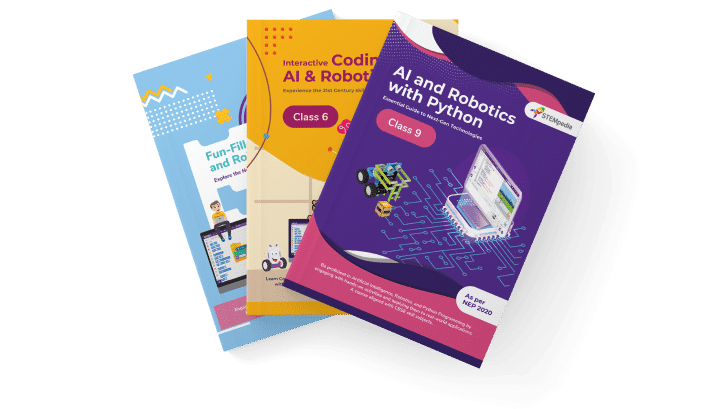 Three gav成人免费视频 activity course books for students in grades 3, 6, and 9, covering AI, coding, and robotics.